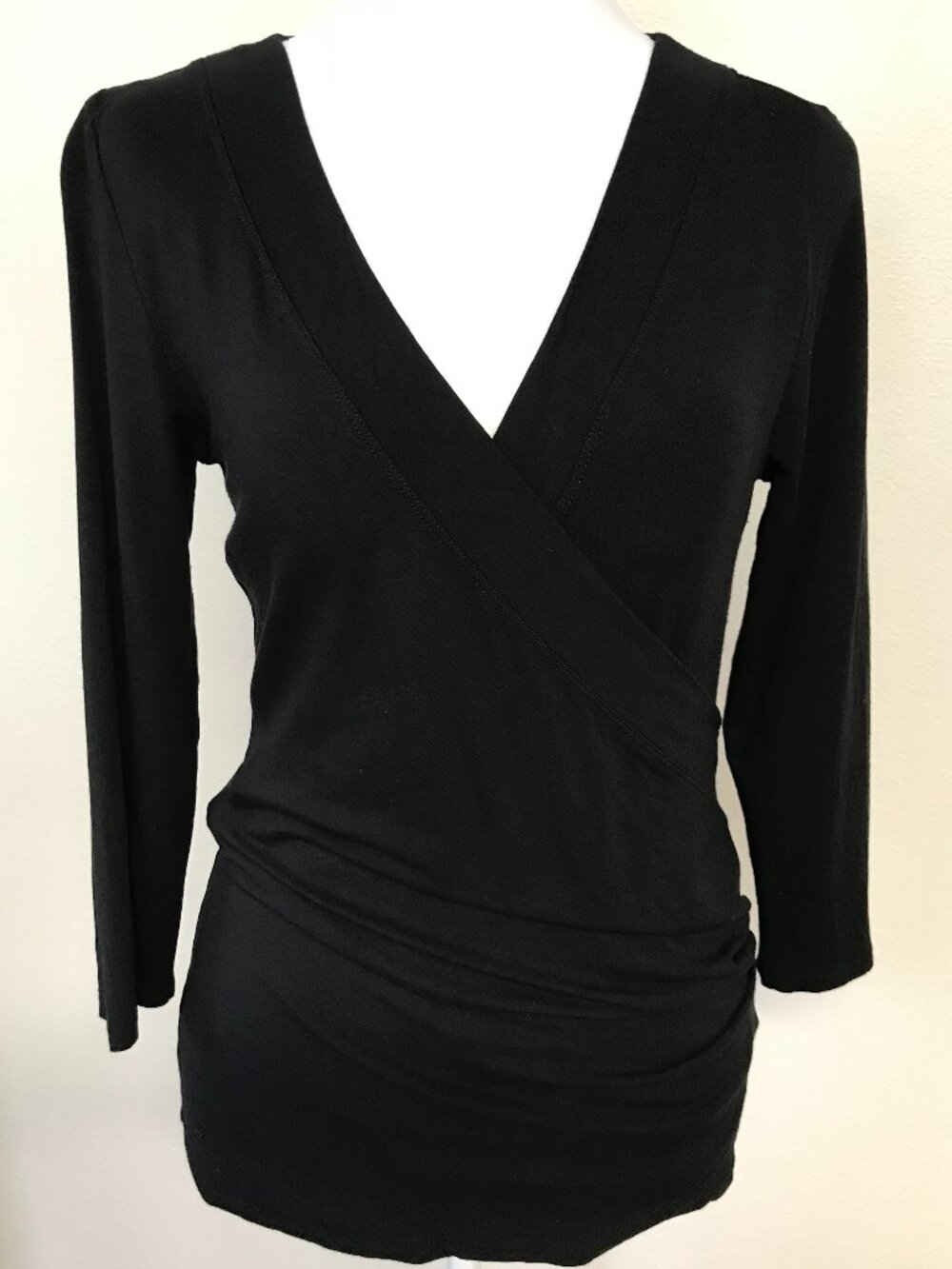 Lauren Ralph Lauren Faux Wrap Top S Black Ruched Stretch V Neck